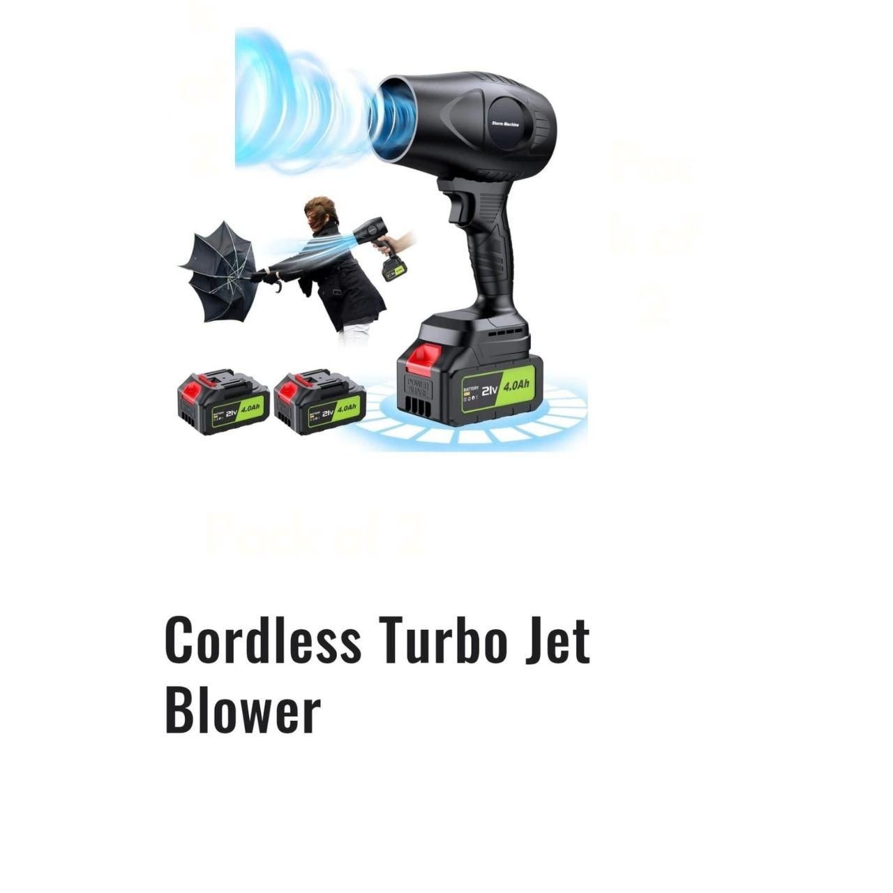 Cordless Turbo Jet Blower with 21V 4.0Ah batteries, handheld blower for dust, car washing, and snow removal.
