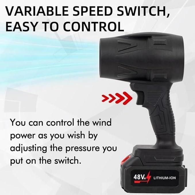 Cordless Turbo Jet Blower, handheld 48V lithium-ion with variable speed for dust blowing, car washing, snow removal.