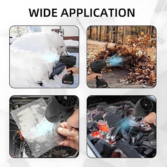 Cordless Turbo Jet Blower for car cleaning, snow removal, dust blowing, and leaf clearing.