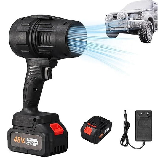 Cordless Turbo Jet Blower, 48V handheld air blower, 490 g, 18x15x11 cm, includes battery and charger.