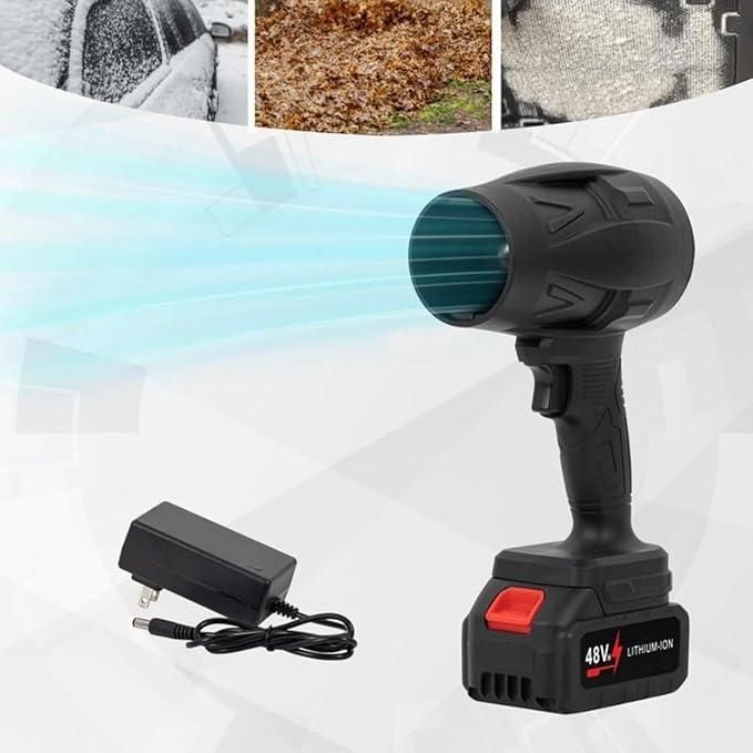 Cordless Turbo Jet Blower, 48V lithium-ion battery, handheld air blower with charger, emits a blue jet of air.