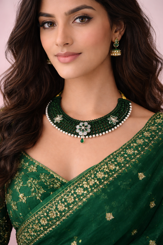 Traditional Green Beaded Silver Floral Choker Necklace for Women