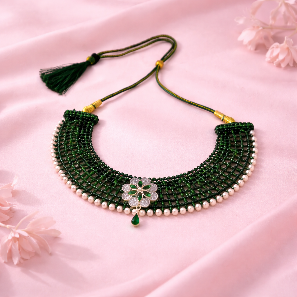 Traditional Green Beaded Silver Floral Choker Necklace for Women