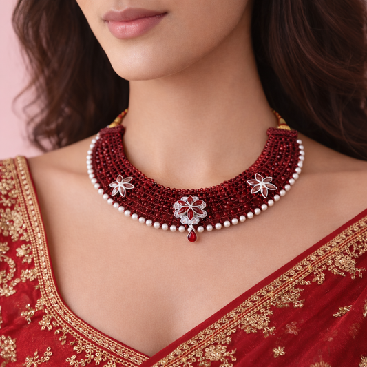 Traditional Maroon & Silver Three Flower Choker Necklace for Women