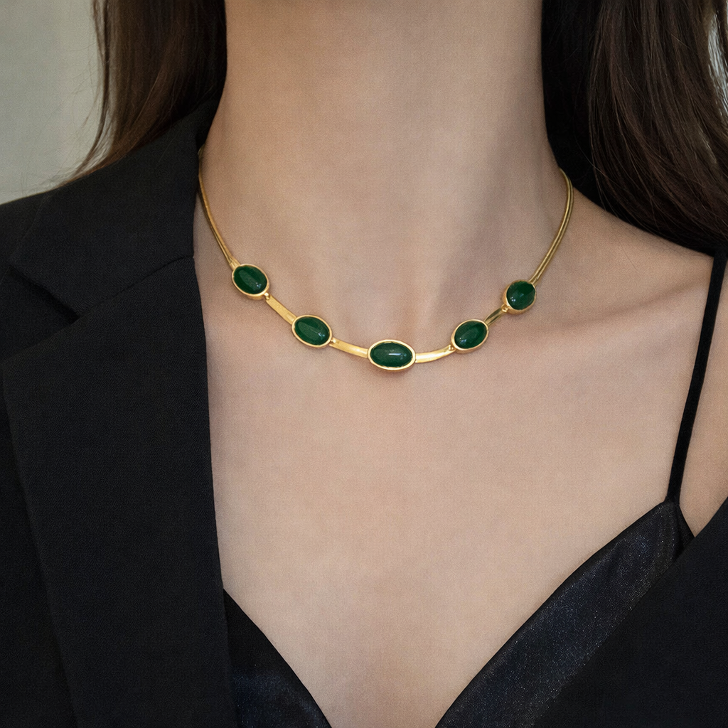 Oval Green Crystal Pendant Necklace Set With Bracelet