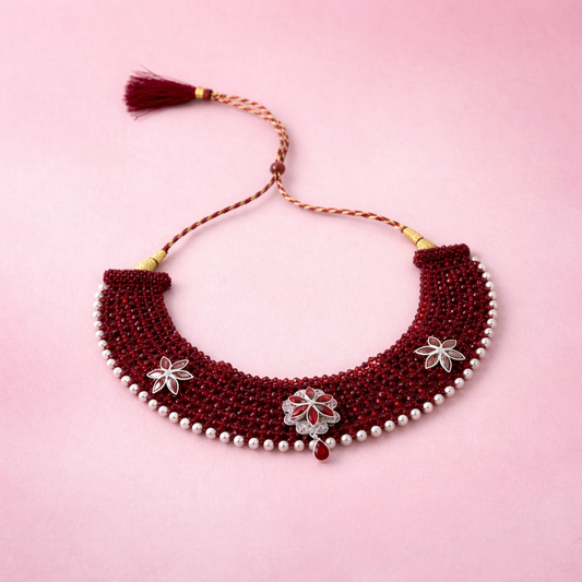 Traditional Maroon & Silver Three Flower Choker Necklace for Women