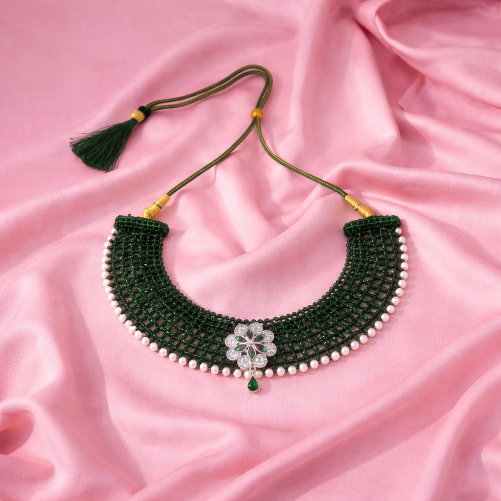 Traditional Green Beaded Silver Floral Choker Necklace for Women