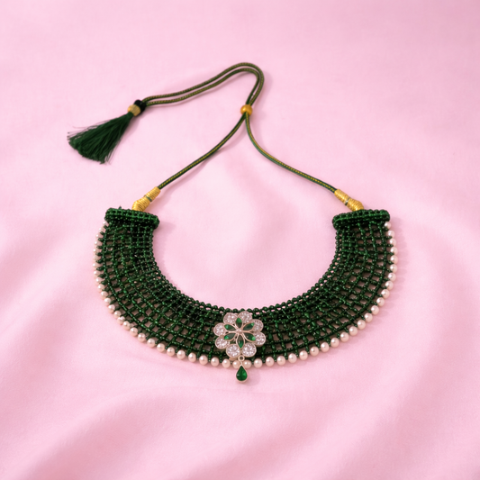 Traditional Green Beaded Silver Floral Choker Necklace for Women