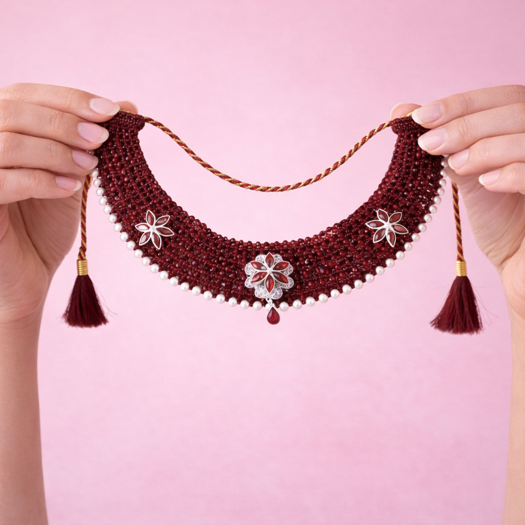 Traditional Maroon & Silver Three Flower Choker Necklace for Women
