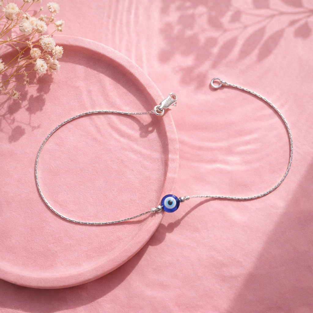 Silver Evil Eye Blue Bead Minimal Anklet for Women & Girls