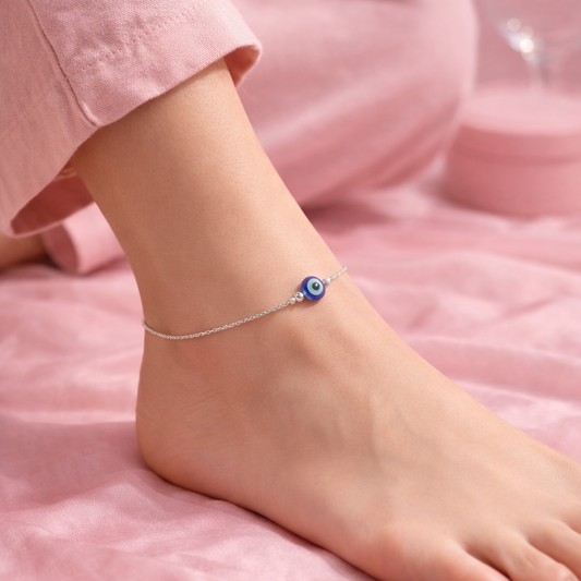 Silver Evil Eye Blue Bead Minimal Anklet for Women & Girls