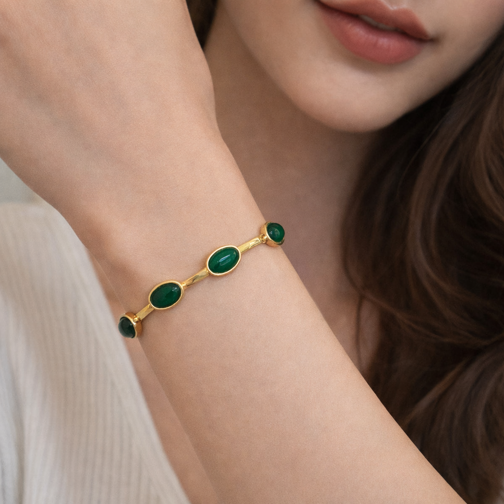 Oval Green Crystal Pendant Necklace Set With Bracelet