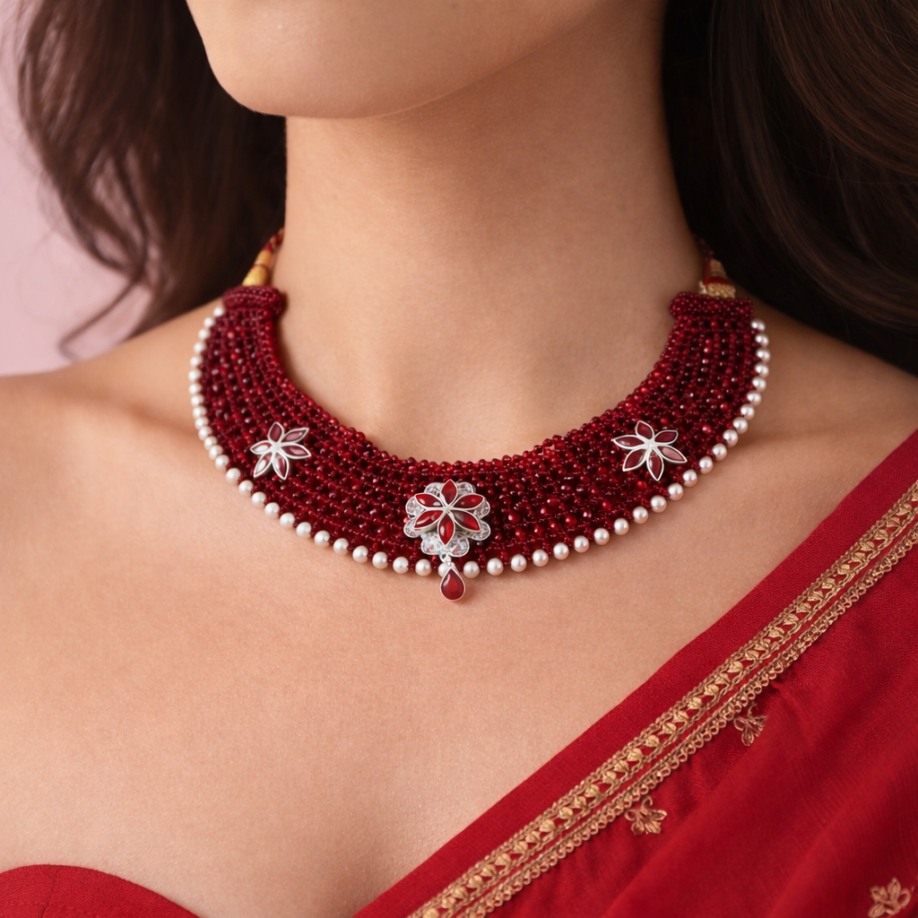 Traditional Maroon & Silver Three Flower Choker Necklace for Women