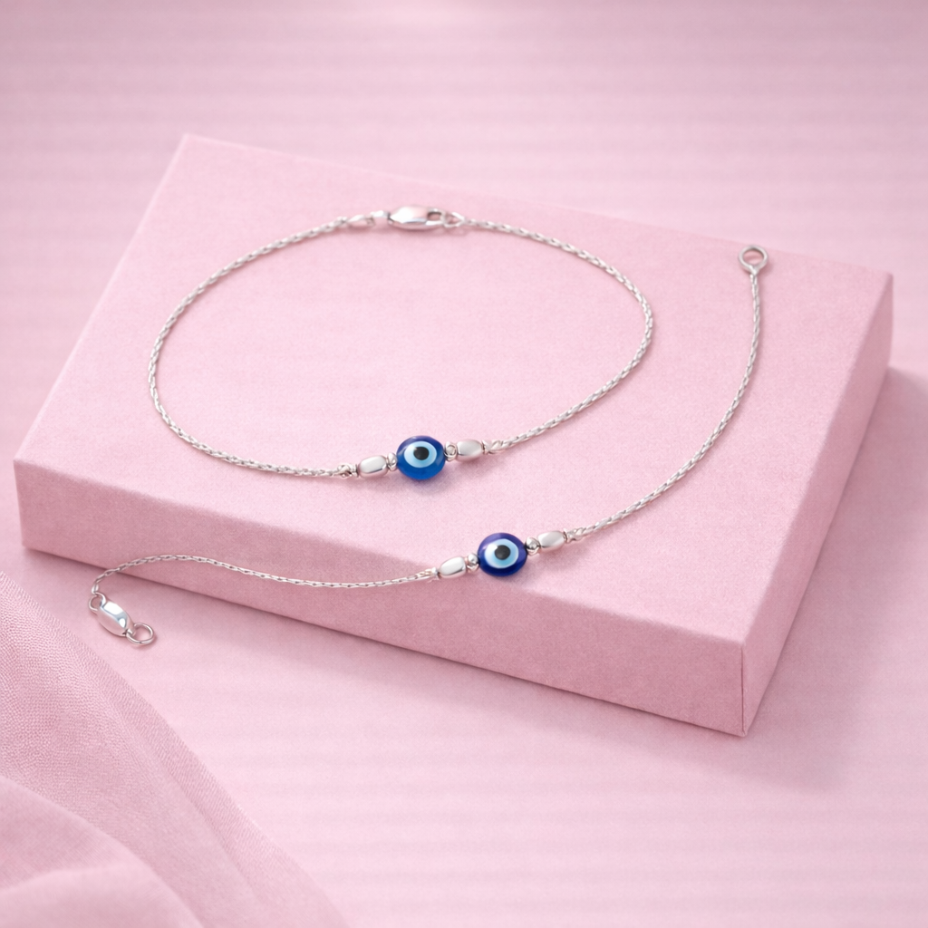 Silver Evil Eye Blue Bead Minimal Anklet for Women & Girls
