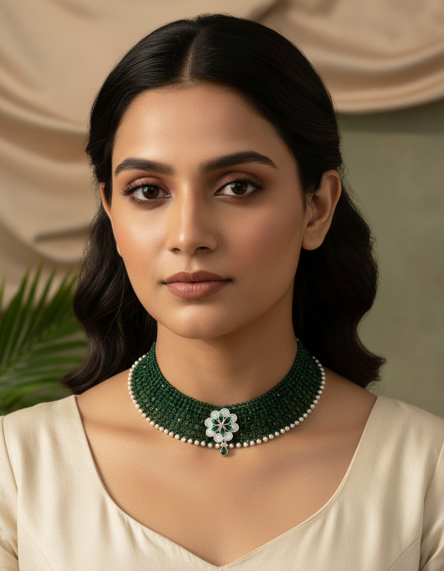 Traditional Green Beaded Silver Floral Choker Necklace for Women